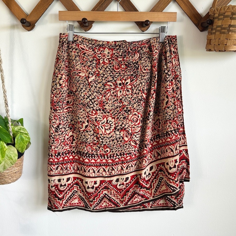 Vintage Jacqueline Ferrar 100% Silk Midi Skirt Red Brown Floral Batik Print